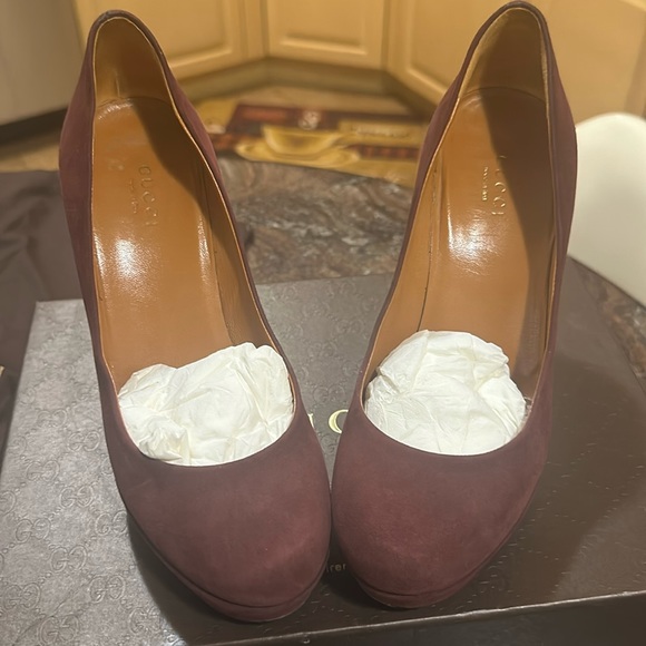 Gucci SCARLATTO Kid Scamosciato Burgundy Heels size 36+ - Picture 1 of 16